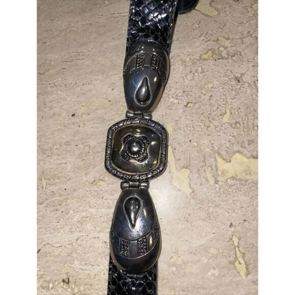 Vtg Brighton Reptile Skin Belt Silver Bold Buckle Sz‎ S